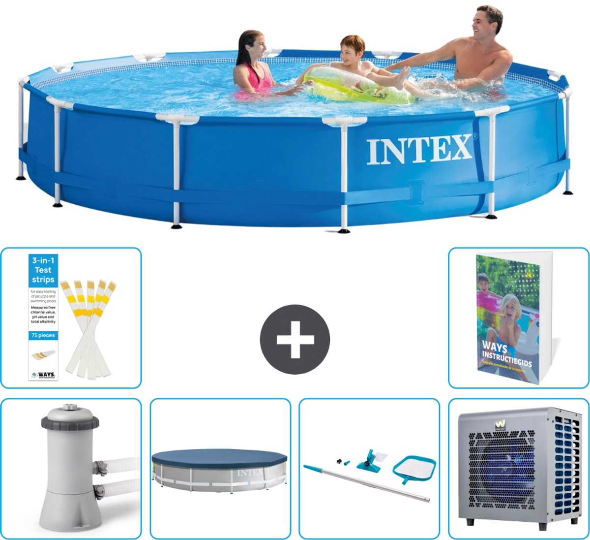 Intex Rond Frame Zwembad - 366 x 76 cm - Blauw - Inclusief Pomp - Afdekzeil - Schoonmaakset - Warmtepomp - 7-delig