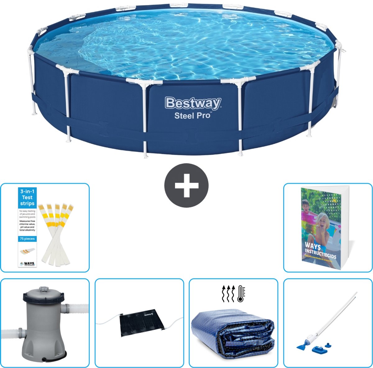 Bestway Rond Steel Pro Zwembad - 396 x 84 cm - Blauw - Inclusief Pomp - Solar Mat - Solarzeil - Stofzuiger - 7-delig