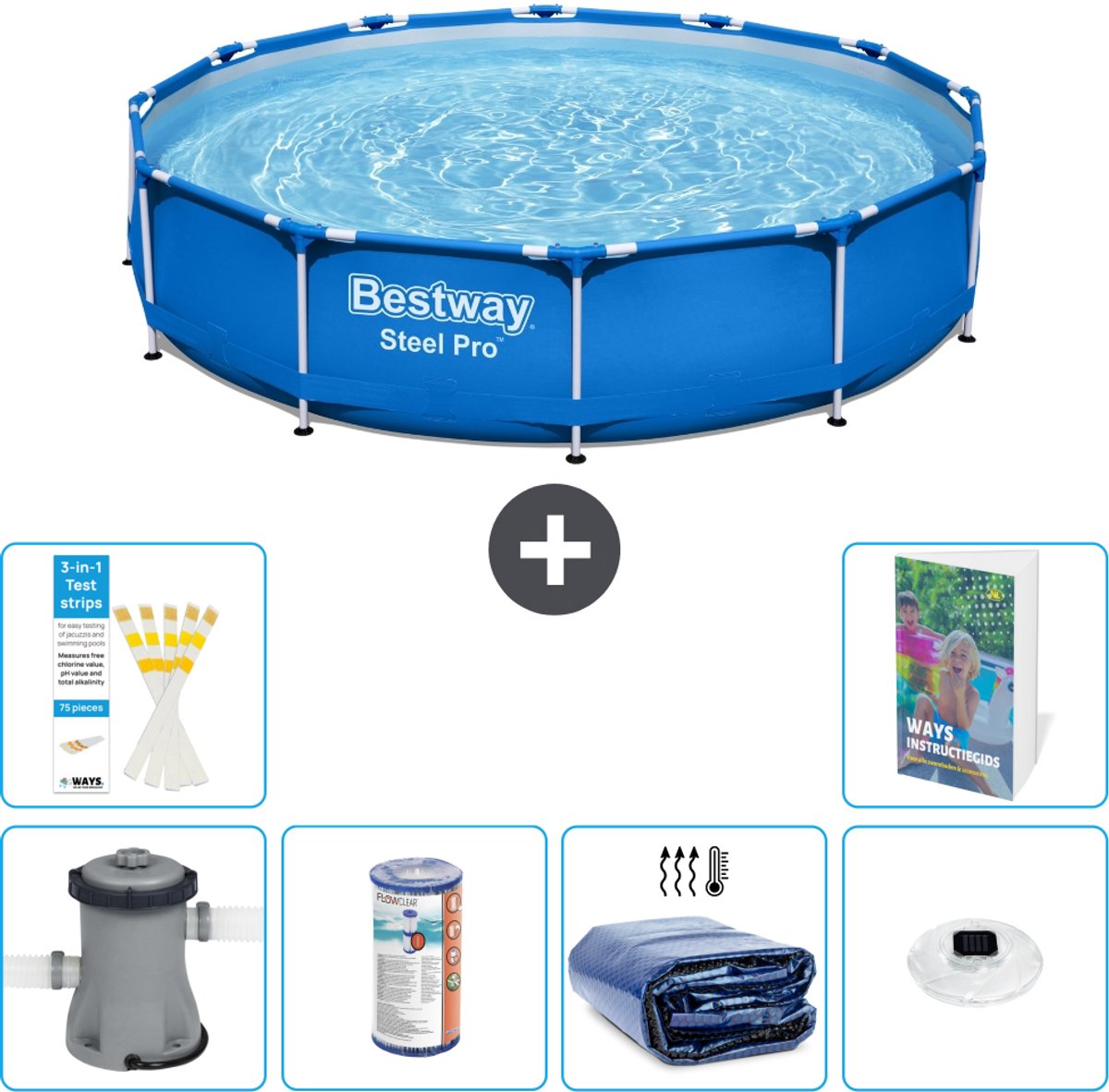 Bestway Rond Steel Pro Zwembad - 366 x 76 cm - Blauw - Inclusief Pomp - Filter - Solarzeil - Verlichting - 7-delig