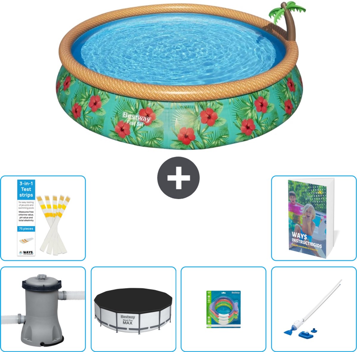 Bestway Rond Opblaasbaar Fast Set Zwembad - Paradijsprint - 457 x 84 cm - Inclusief Pomp - Afdekzeil - Speelgoed - Stofzuiger - 7-delig