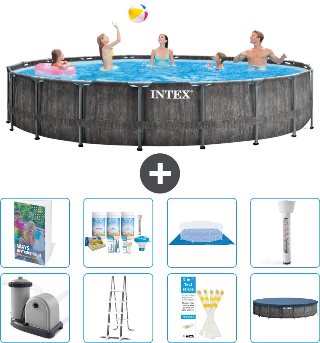 Intex Rond Prism Frame Greywood Zwembad - 549 x 122 cm - Inclusief Pomp - Ladder - Grondzeil - Afdekzeil - Onderhoudspakket - Thermometer - 9-delig