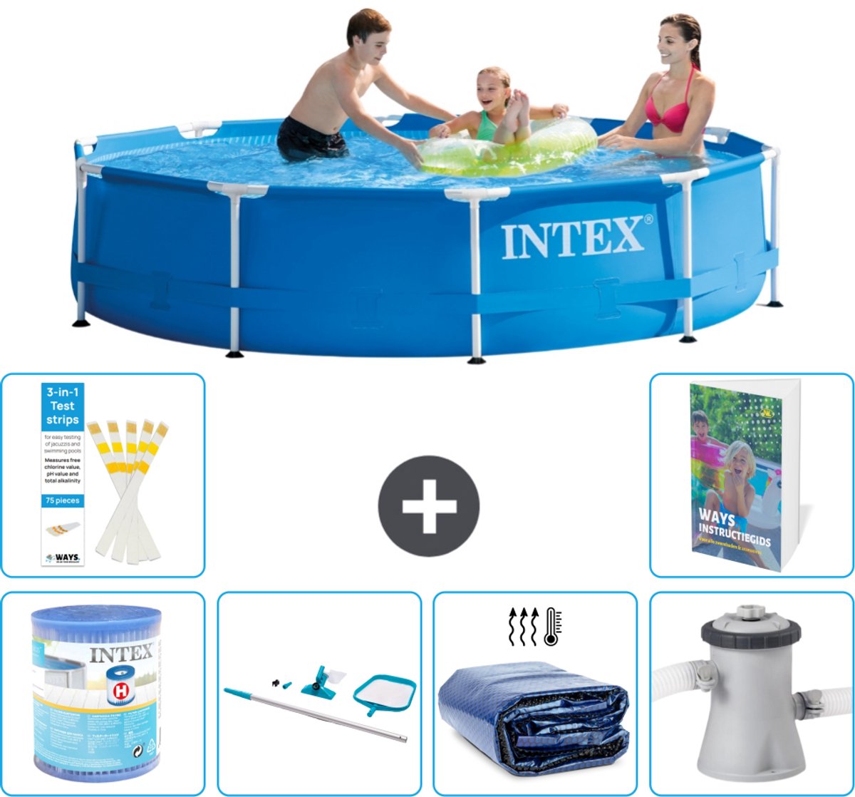 Intex Rond Frame Zwembad - 305 x 76 cm - Blauw - Inclusief Filter - Schoonmaakset - Solarzeil - Zwembadfilterpomp - 7-delig