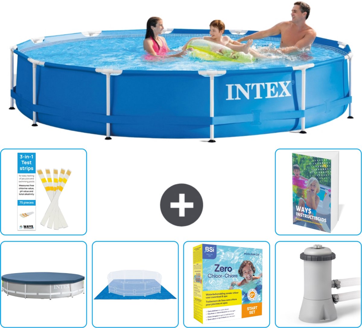 Intex Rond Frame Zwembad - 366 x 76 cm - Blauw - Inclusief Afdekzeil - Grondzeil - Onderhoudspakket - Zwembadfilterpomp - 7-delig