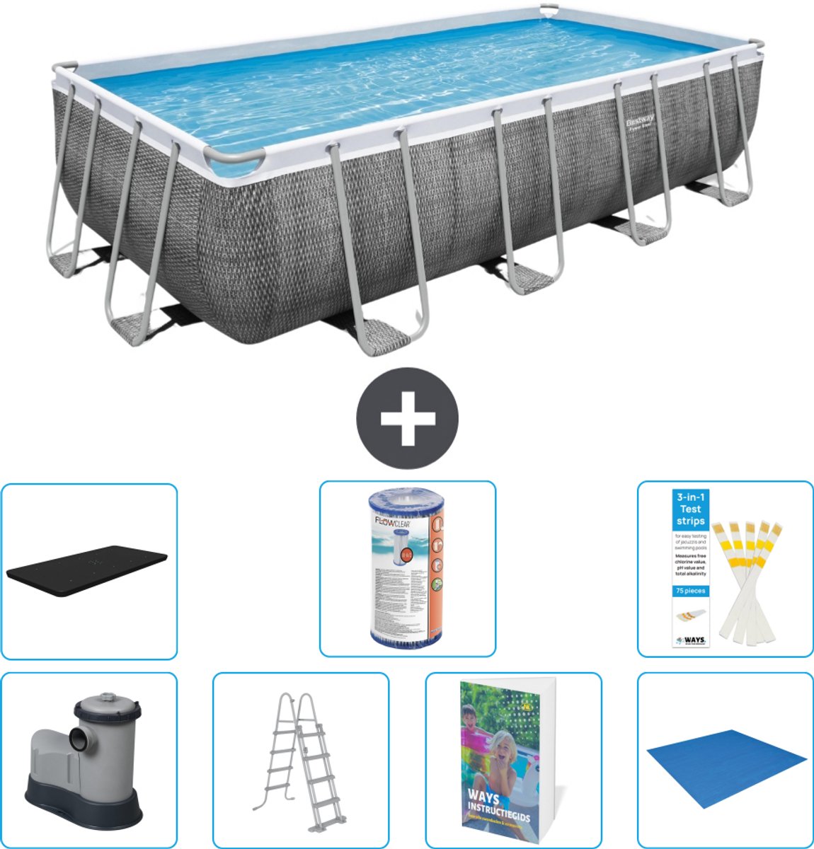 Bestway Rechthoekig Power Steel Zwembad - Rattanprint - 549 x 274 x 122 - Inclusief Pomp - Ladder - Afdekzeil - Filter - Grondzeil - 8-delig