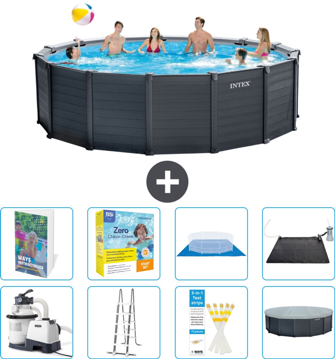Intex Rond Graphite Gray Panel Zwembad - 478 x 124 cm - Inclusief Pomp - Ladder - Grondzeil - Afdekzeil - Onderhoudspakket - Solar Mat - 9-delig