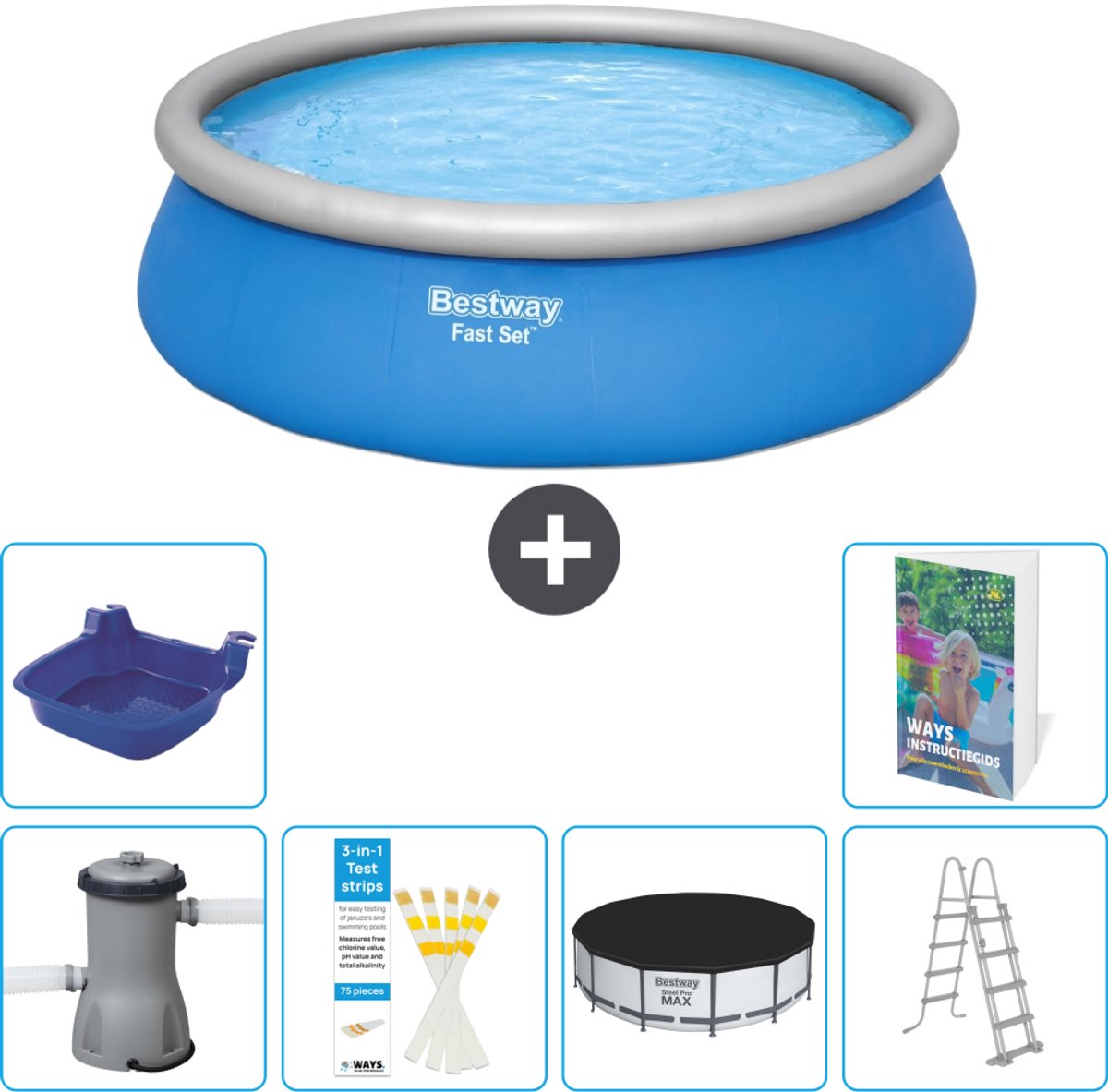 Bestway Rond Opblaasbaar Fast Set Zwembad - 457 x 122 cm - Blauw - Inclusief Pomp - Ladder - Afdekzeil - Voetenbad - 7-delig