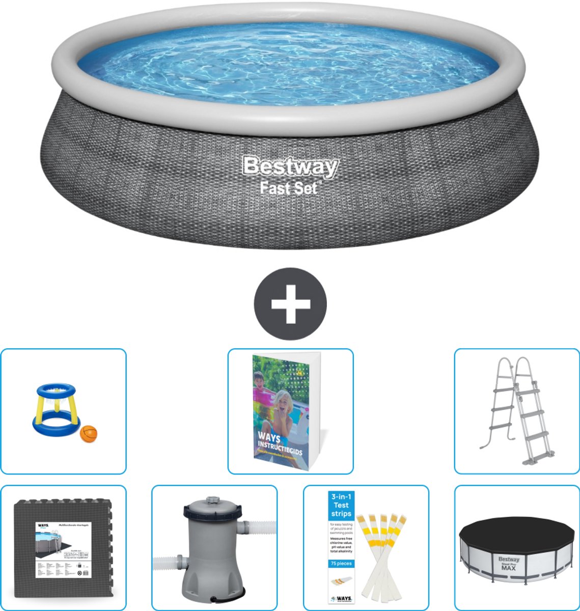 Bestway Rond Opblaasbaar Fast Set Zwembad - Rotanprint - 457 x 107 cm - Inclusief Pomp - Ladder - Afdekzeil - Speelgoed - Vloertegels - 8-delig