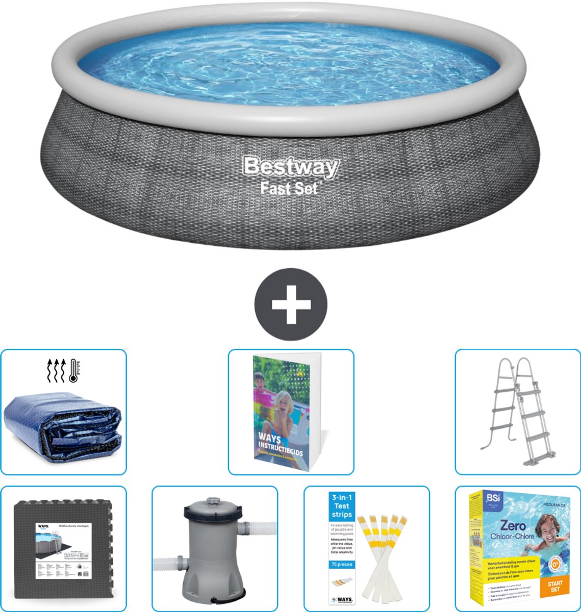 Bestway Rond Opblaasbaar Fast Set Zwembad - Rotanprint - 457 x 107 cm - Inclusief Pomp - Ladder - Onderhoudspakket - Solarzeil - Vloertegels - 8-delig