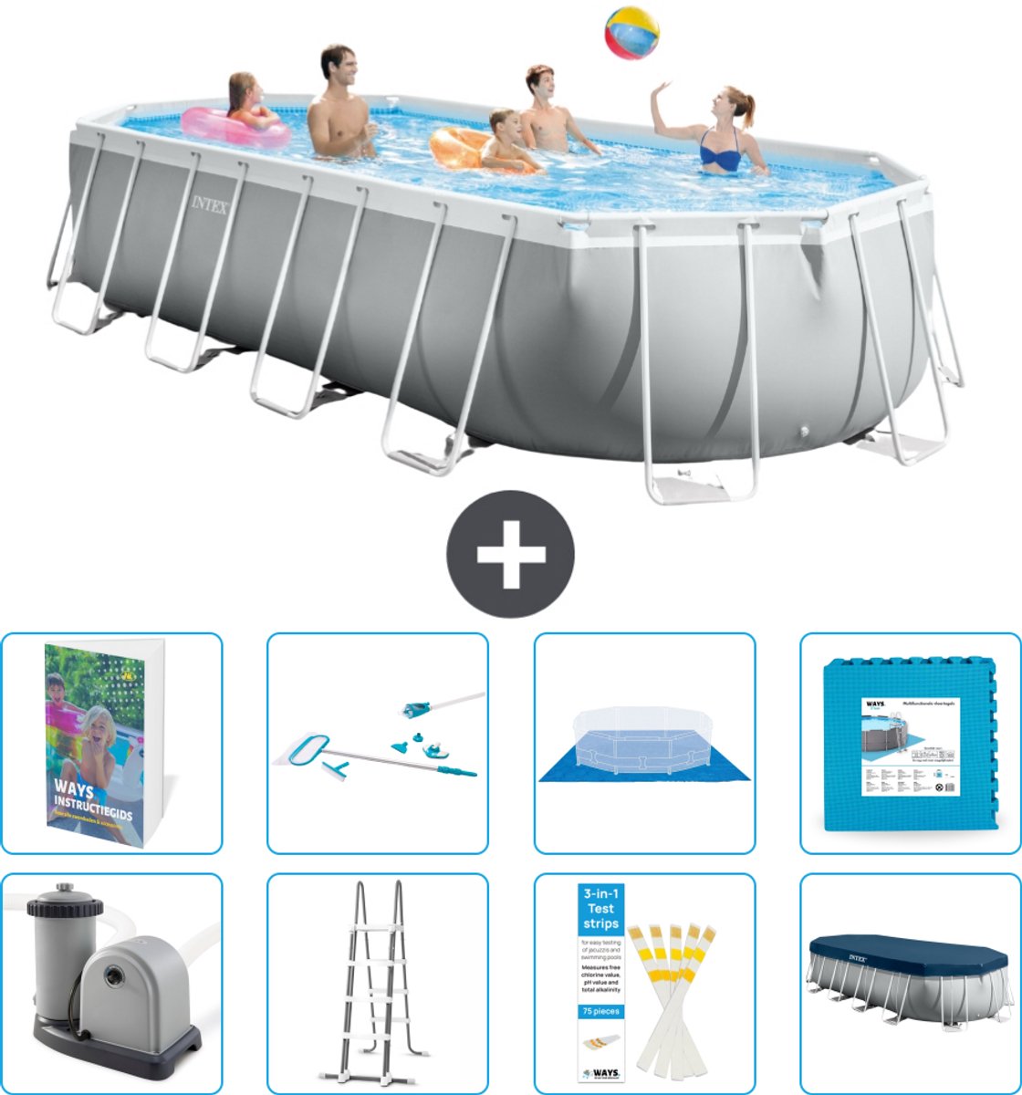Intex Ovaal Prism Frame Zwembad - 610 x 305 x 122 cm - Grijs - Inclusief Pomp - Ladder - Grondzeil - Afdekzeil - Schoonmaakset - Vloertegels - 9-delig