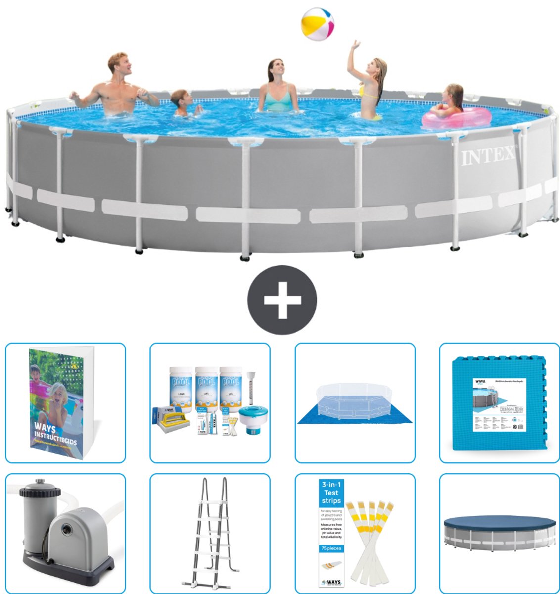 Intex Rond Prism Frame Zwembad - 610 x 132 cm - Grijs - Inclusief Pomp - Ladder - Grondzeil - Afdekzeil - Onderhoudspakket - Vloertegels - 9-delig