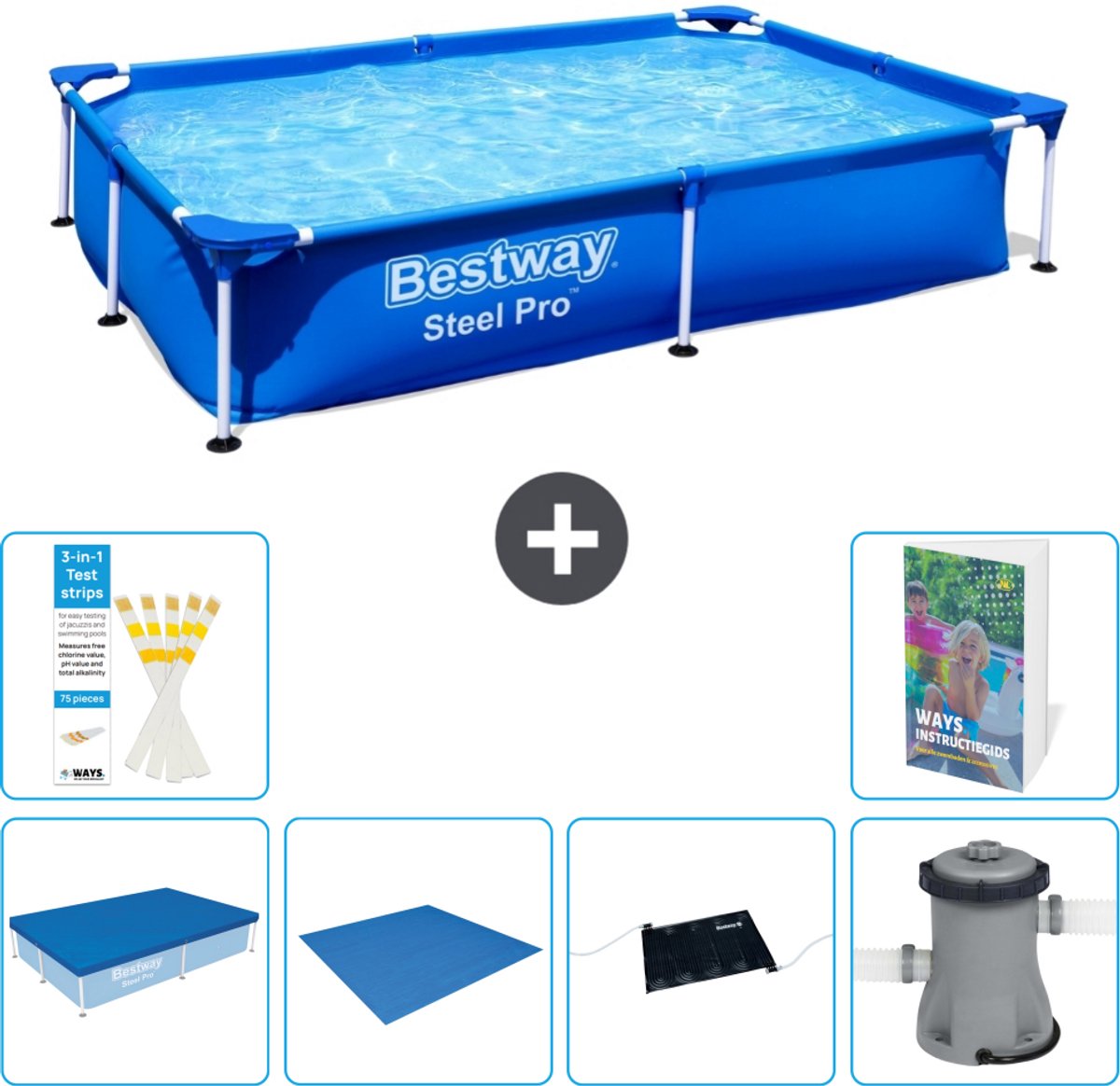 Bestway Rechthoekig Steel Pro Zwembad - 221 x 150 x 43 cm - Blauw - Inclusief Afdekzeil - Grondzeil - Solar Mat - Zwembadfilterpomp - 7-delig