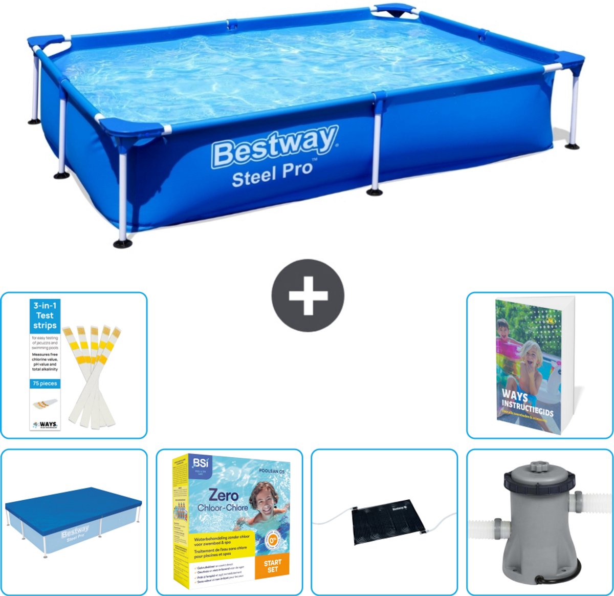 Bestway Rechthoekig Steel Pro Zwembad - 221 x 150 x 43 cm - Blauw - Inclusief Afdekzeil - Onderhoudspakket - Solar Mat - Zwembadfilterpomp - 7-delig