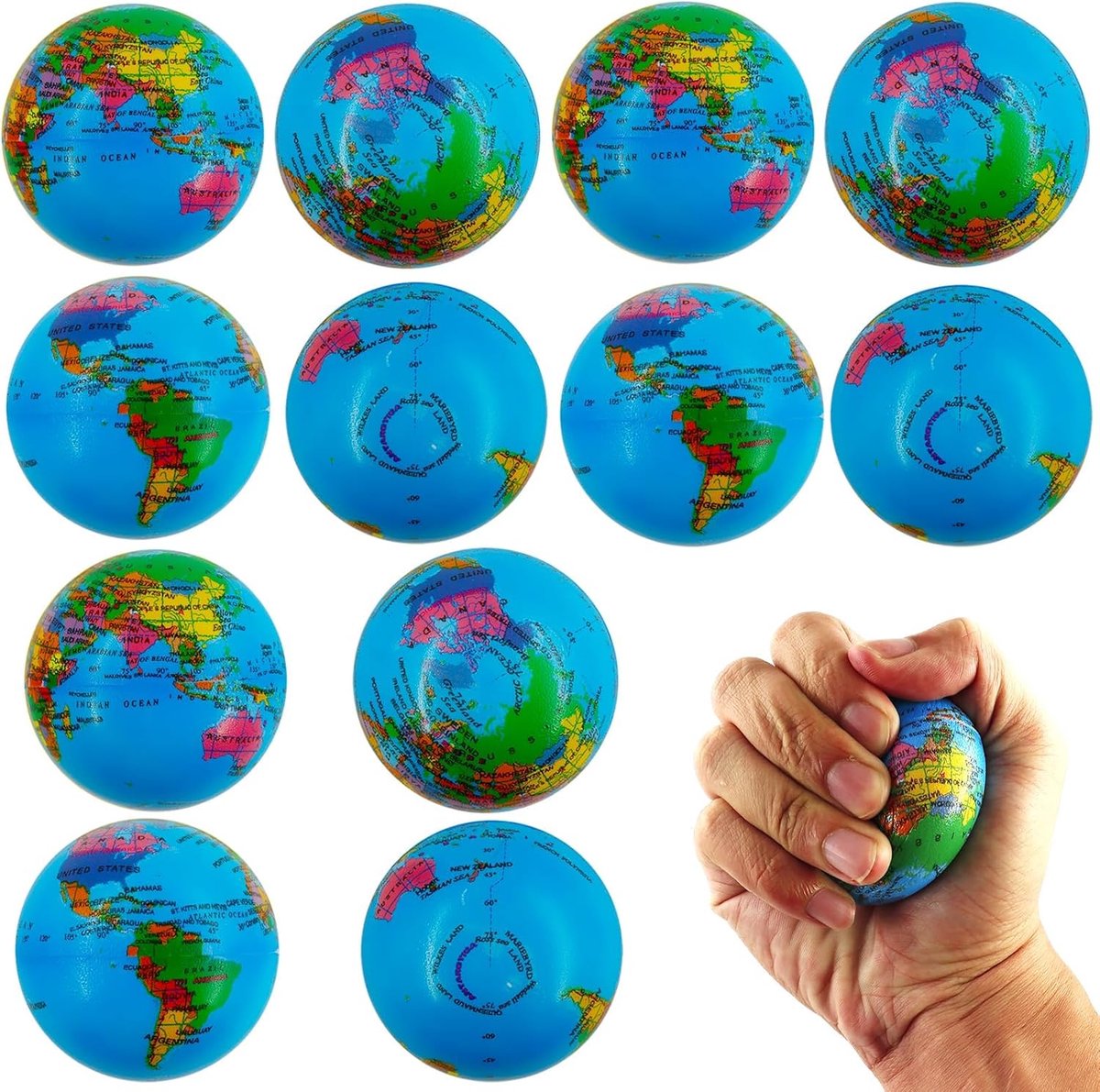 Verpakking van 12 stressballen, wereldbol met stressbal, antistressbal, stressbalbol, schuimballen, squishy bal, voetbalstressballen, antistress voor volwassenen Geschikt voor 15 jaar en ouder