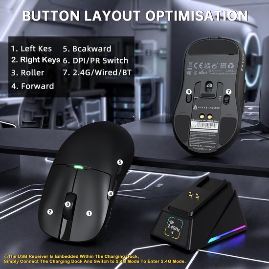 AJ159P SUPERLIGHT Draadloze Gamingmuis met RGB-Oplaadstation-Zwart - Tri-mode BT/2.4G/USB-bedraad Computer Mice, PixArt PAW3311 Optische Sensor 24000 DPI Programmable voor PC/Mac/Win11 — afbeelding 2