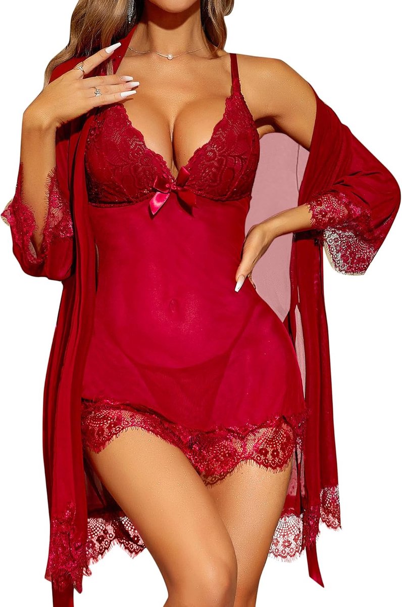 Sexy babydoll voor dames, nachthemd, lingerie, babydoll, met G-string, lingerieset, kant, dames, 3-delig