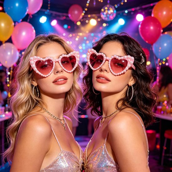 2 stuks hartvormige zonnebril, hart, bruiloft, bril met parels voor decoratie van bruid, verjaardag, vrijgezellenfeest, carnaval enz. (wit, roze) — afbeelding 2