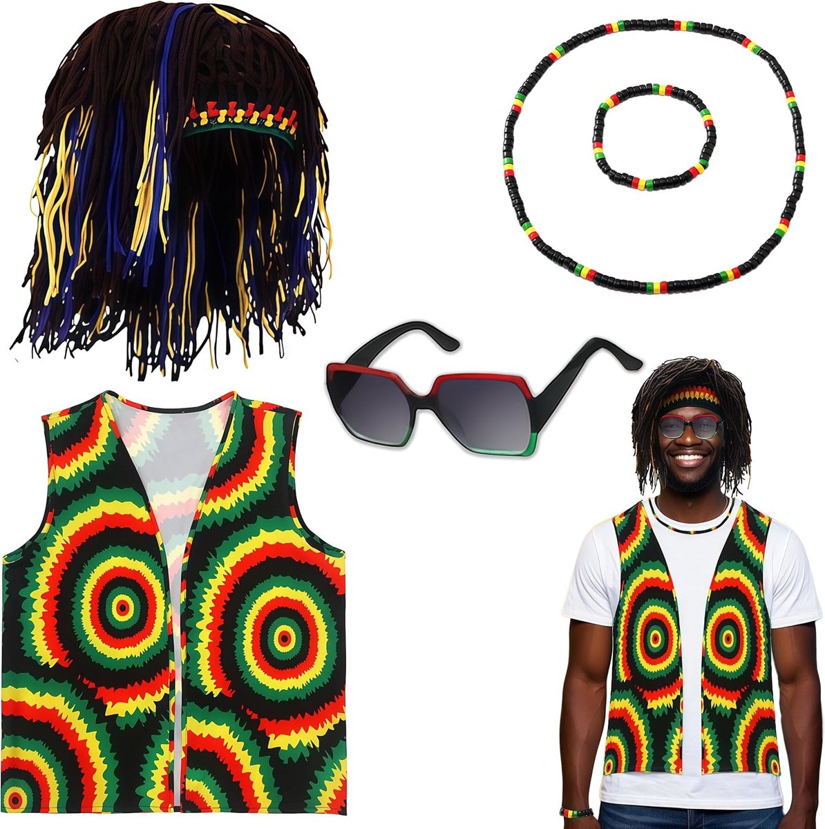 5 stuks Rasta kostuumaccessoires, Jamaica Reggae outfit kit met