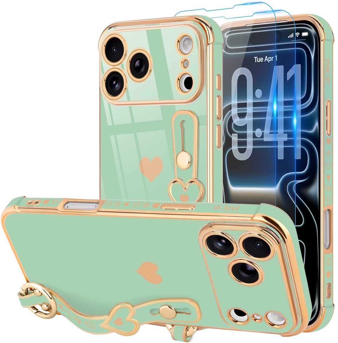Armband beschermhoes voor iPhone 17 Pro Max + 2 displaybeschermfolies, schattig liefdeshartmotief, TPU-siliconen, voor iPhone 17 Pro Max, mintgroen
