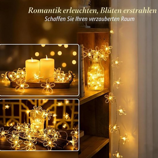 3M LED Bloemvormige Lichtsnoeren - 20 Warme Wit Lichtjes - Decoratieve Vlinderlampjes - Werkt op batterijen (batterij niet inbegrepen) - Sfeervolle Slinger voor Slaapkamer, Zomertuin, Bruiloft, Feest & Kerst - Voor Binnen & Buiten - Magische Sfeer — afbeelding 2