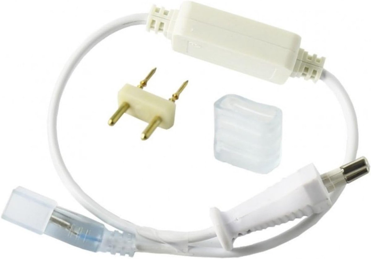 – Aansluitset voor LED-strip 14 mm breed 220V SMD5050, max. vermogen 6A 750W, geschikt voor buiten. Inclusief stekker, connector en dop