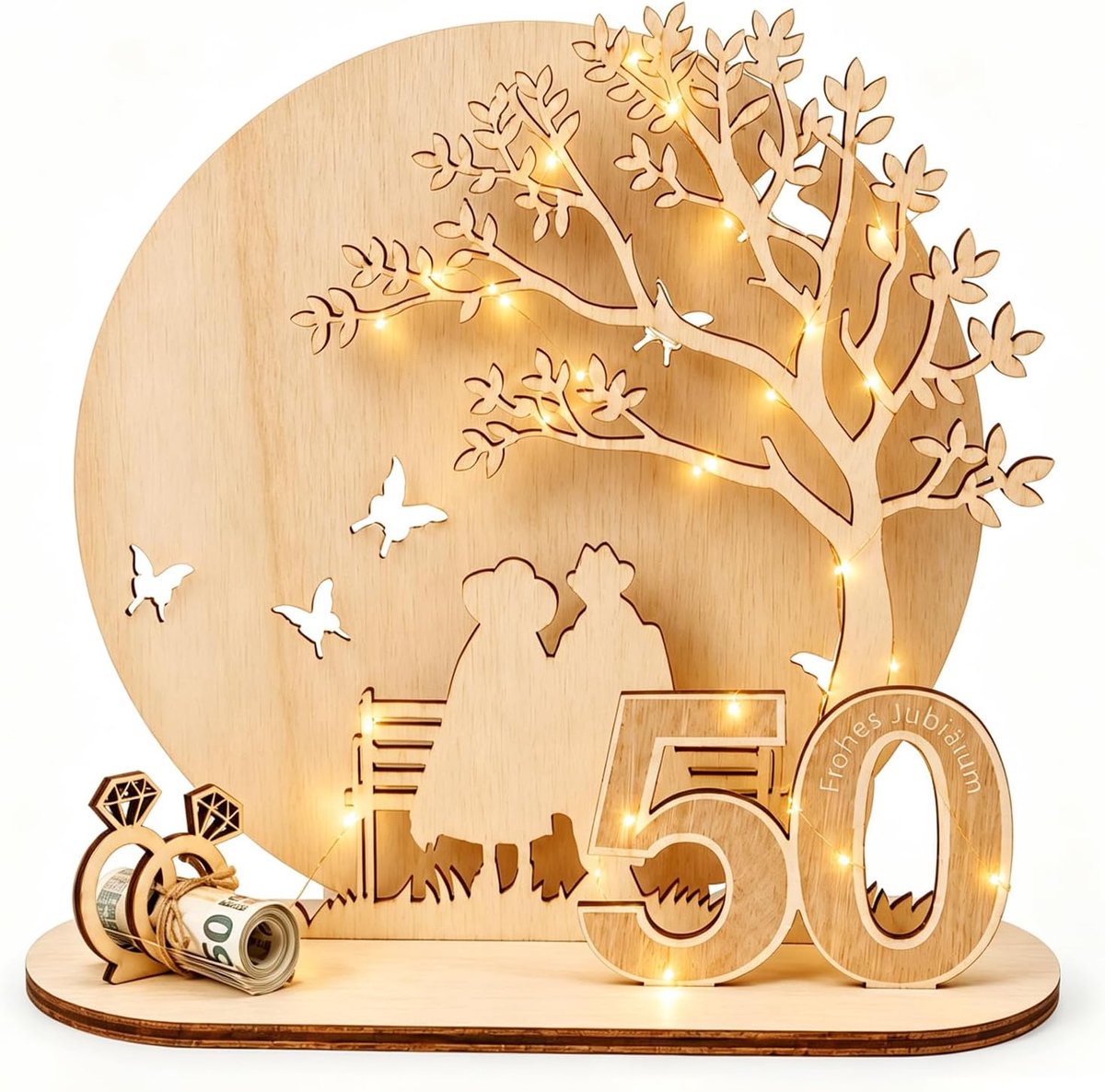 bruiloft van hout, gouden trouwdag decoratie met led-lichtketting
