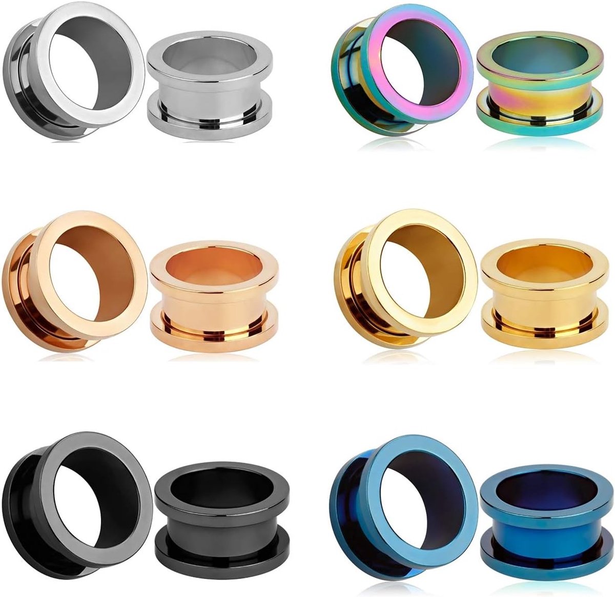 Set van 12 stuks roestvrij stalen oorplugs grote legering gauges