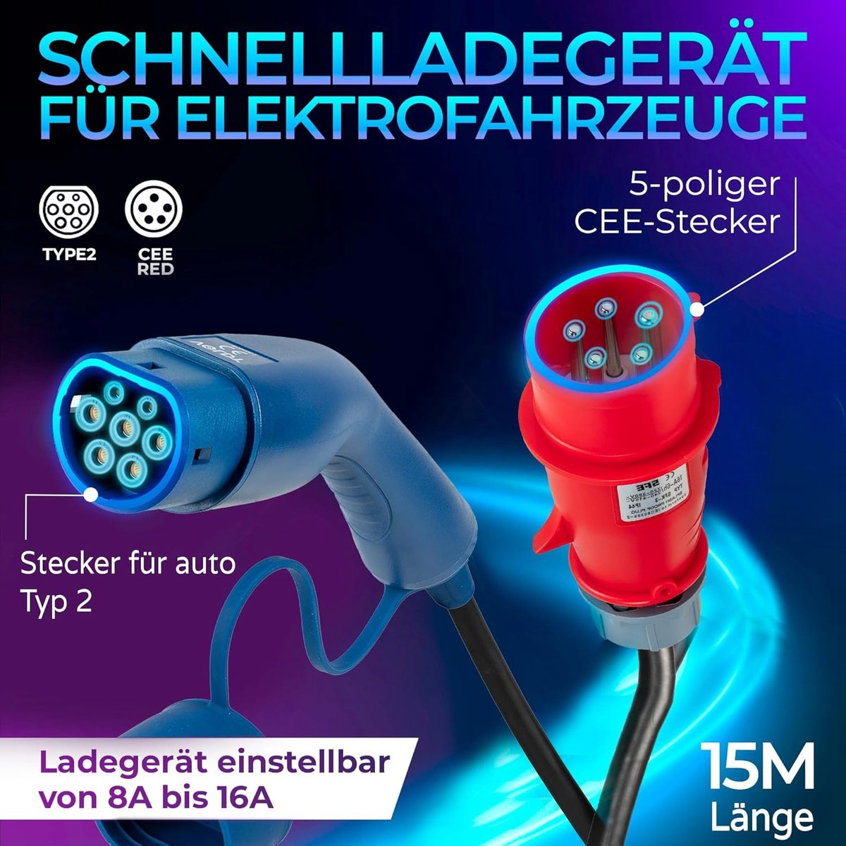 Mobiele laadkabel 11kW - CEE-plug - 3-fase 8A-16A - ideaal voor elektrische voertuigen - SnelShoppen