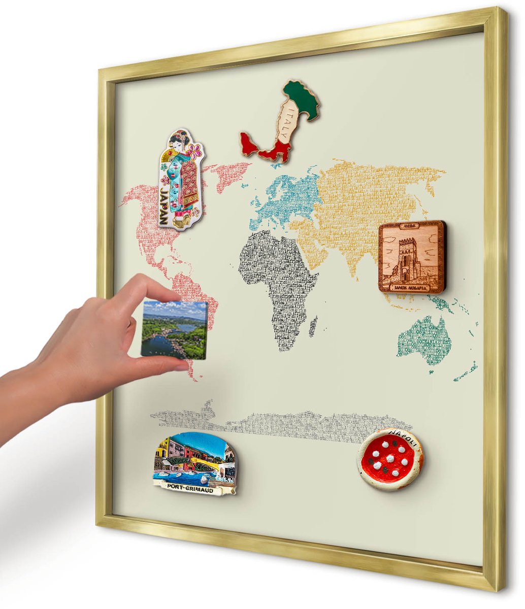 Artprintcave Beige Magneetbord mit Gouden Frame - 50x50 cm - Wereldkaart Magneetbord Voor Keuken - Typografisch Magneet Bord mit Frame - Kaarten