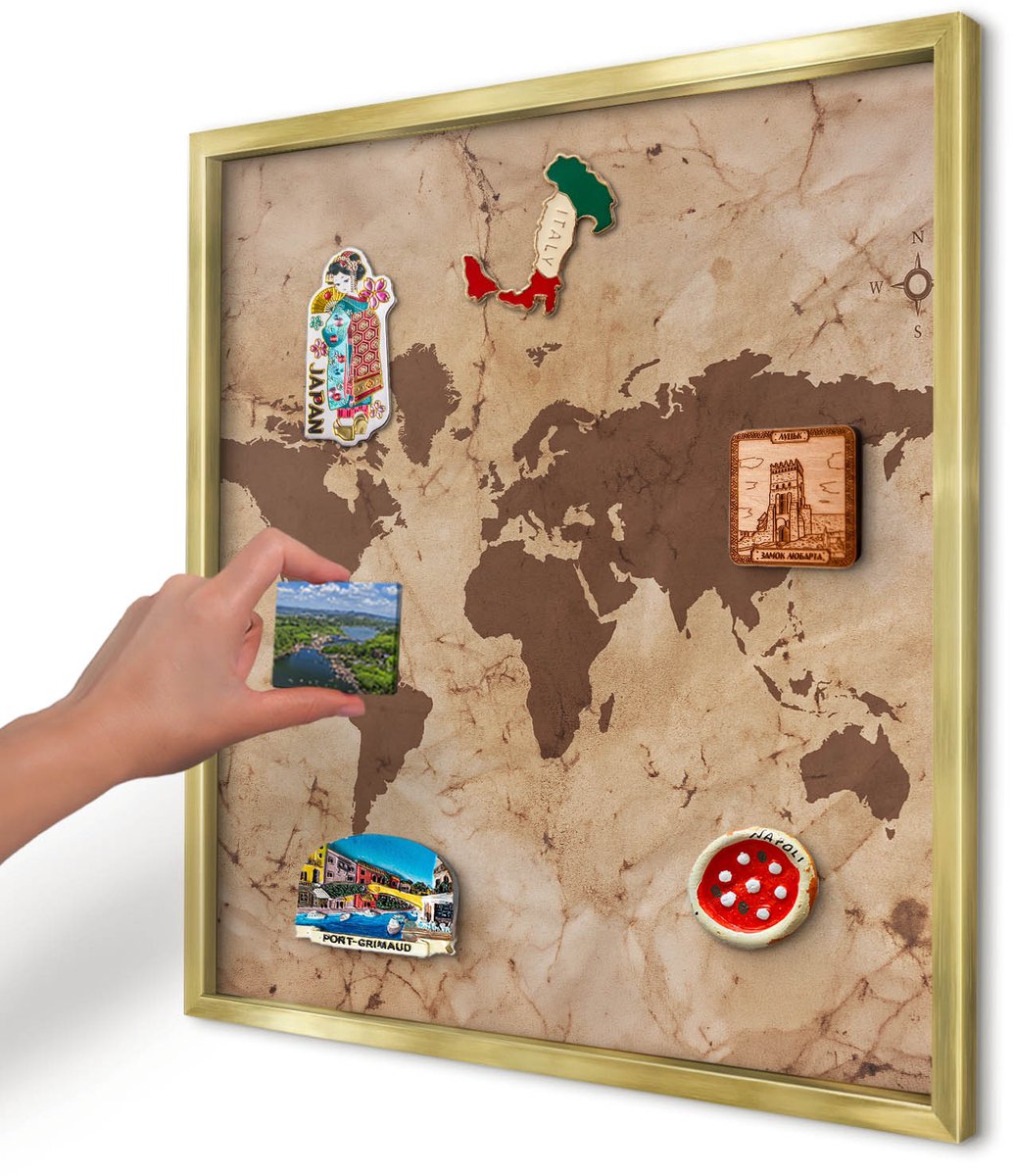 Artprintcave Bruin Magneetbord mit Gouden Frame - 50x50 cm - Wereldkaart Magnetisch Bord Voor Magneten - Vintage Magneet Bord mit Frame - Kaarten
