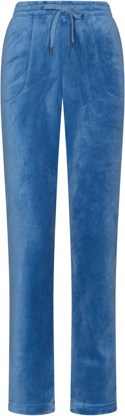 Blauwe joggingbroek van zacht velours met trekkoord en steekzakken.
