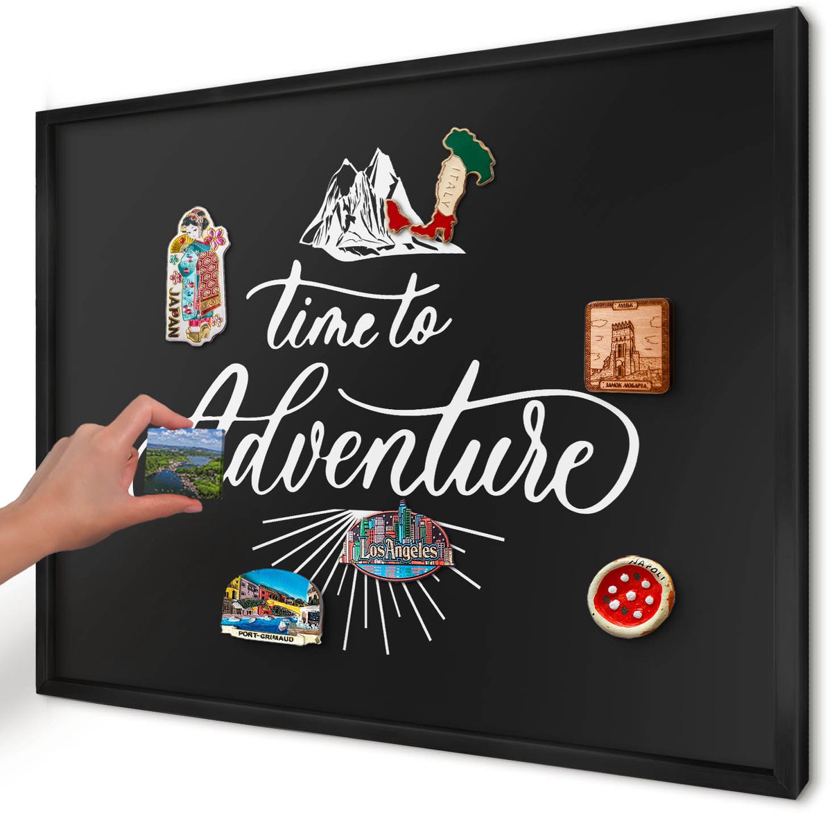 Artprintcave Zwart Magneetbord mit Zwart Frame - 70x50 cm - Avontuurlijke Tijd Memobord Keuken - Typografisch Magnetisch Bord Voor Magneten - Teksten