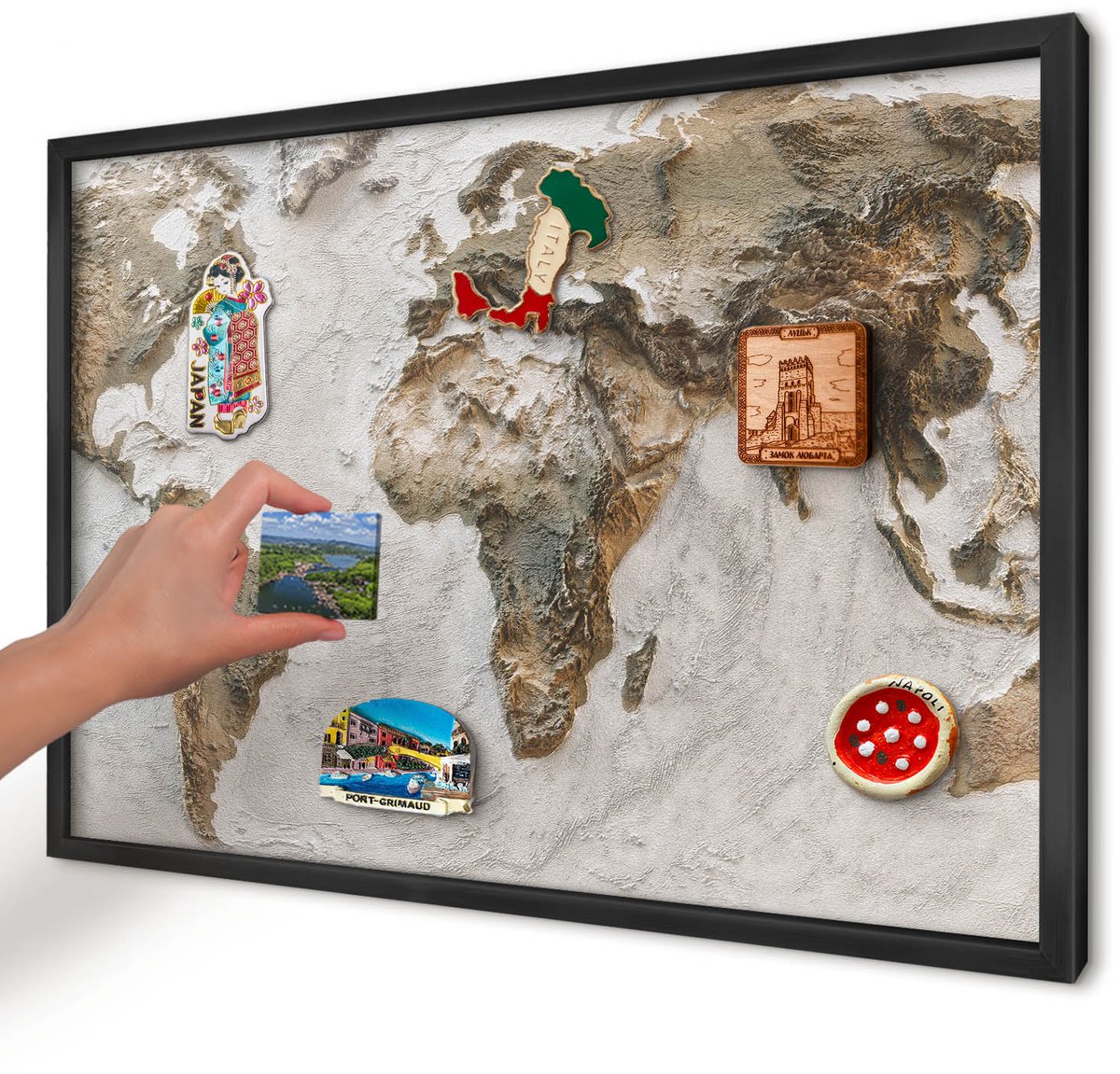 Artprintcave Beige Magneetbord mit Zwart Frame - 60x40 cm - Reliëfkaart Magnetische Organizer - Realistisch Notitiebord - Kaarten