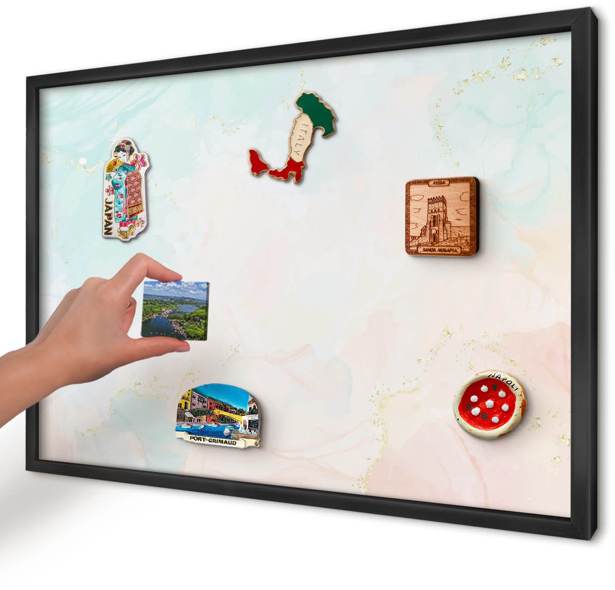 Artprintcave Romig Magneetbord mit Zwart Frame - 60x40 cm - Pastel Elegantie Memobord Keuken - Waterverf Magnetisch Bord Voor Magneten - Abstractie