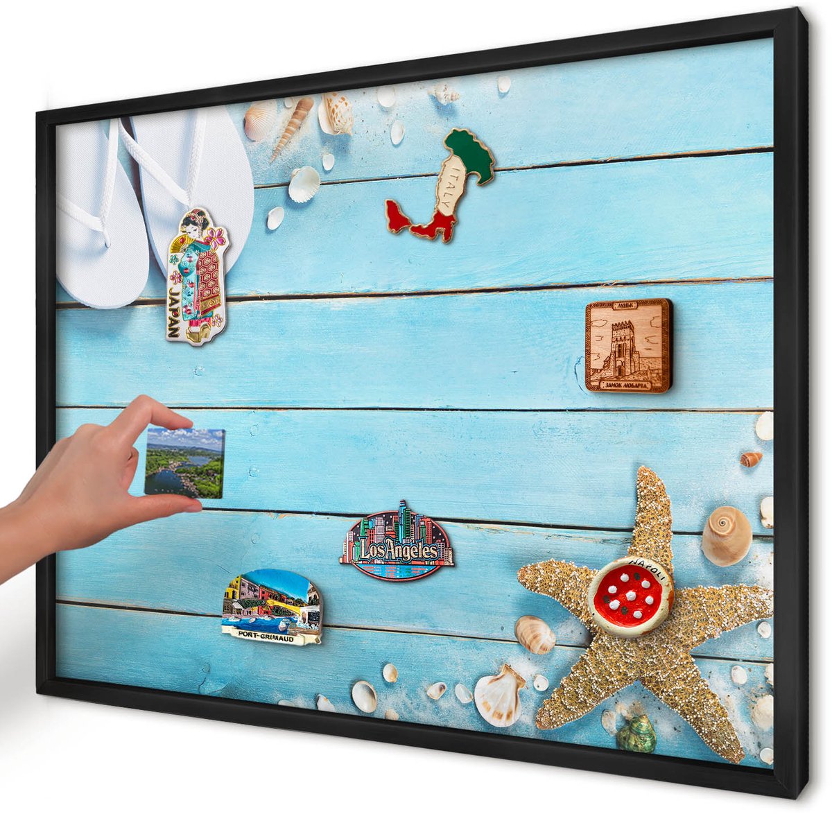 Artprintcave Blauw Magneetbord mit Zwart Frame - 70x50 cm - Vakantierust Memobord Keuken - Fotografisch Magneet Bord mit Frame - Landschappen
