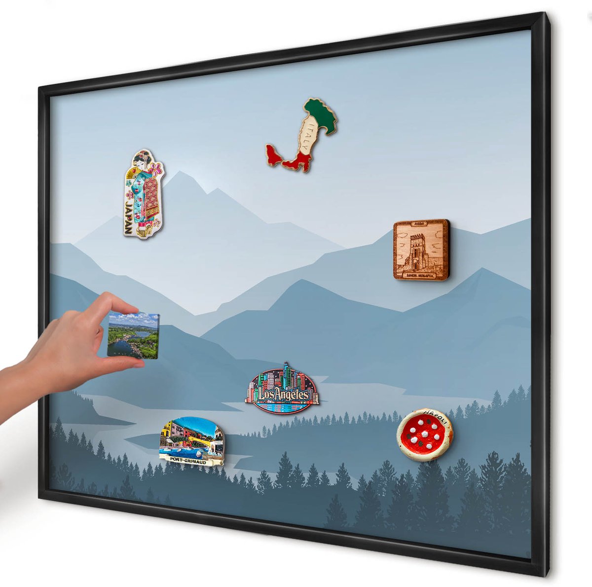 Artprintcave Blauw Magneetbord mit Zwart Frame - 80x60 cm - Berg Harmonie Magnetisch Bord Voor Magneten - Abstract Memobord Keuken - Landschappen