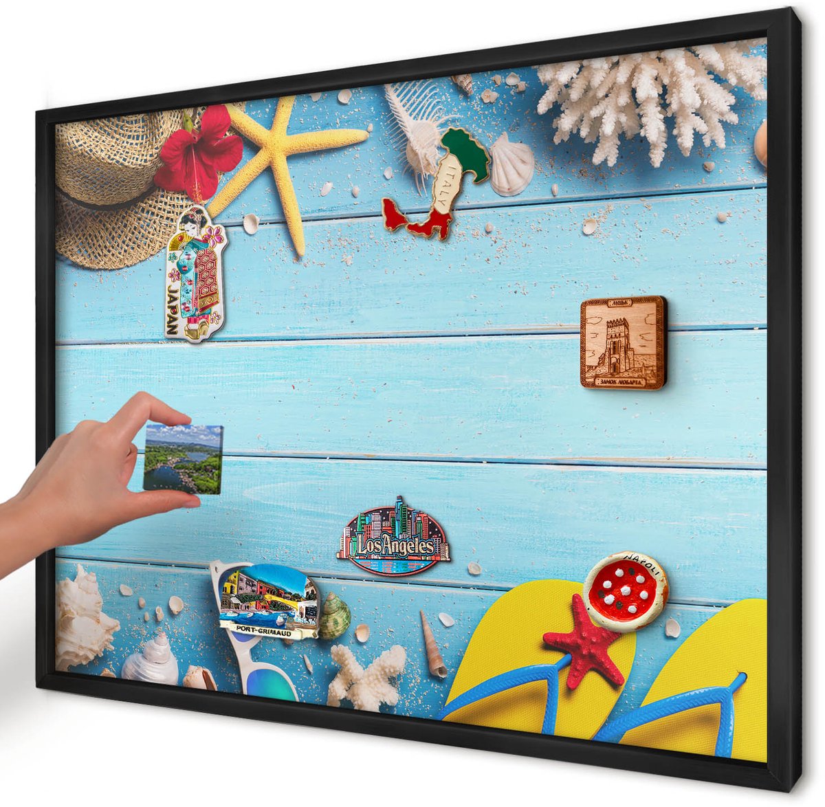 Artprintcave Blauw Magneetbord mit Zwart Frame - 70x50 cm - Vakantiestrand Magnetisch Bord - Minimalist Wandbord Magnetisch - Natuur