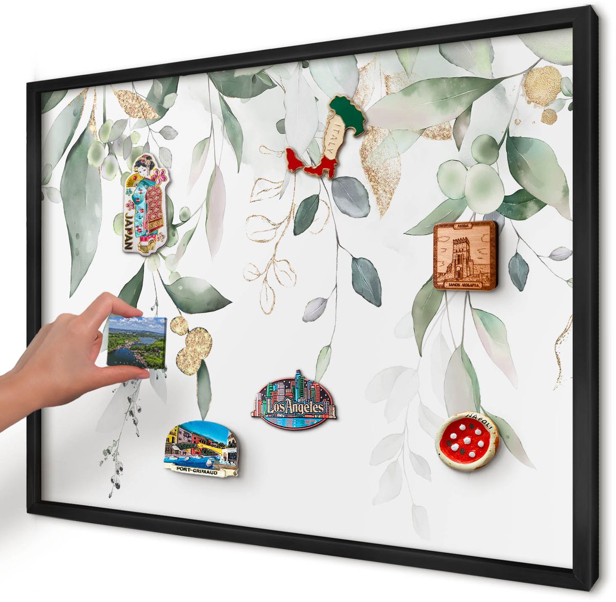 Artprintcave Groente Magneetbord mit Zwart Frame - 70x50 cm - Groene Bladeren Notitiebord - Waterverf Magneet Bord mit Frame - Bloemen En Planten