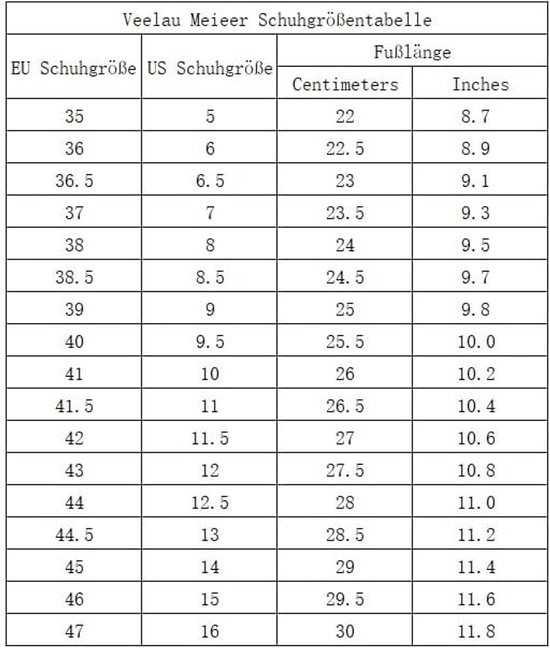 Maattabel voor Veelau Meieer-schoenen met EU-maten, US-maten en voetlengte in centimeters en inches.