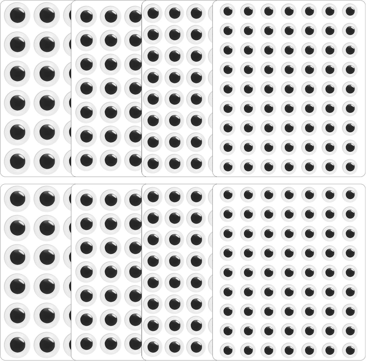Eyes Zelfklevende stickers voor ambachten, kleine googly ogen in verschillende maten, 8 mm, 10 mm, 12 mm, 15 mm, kleverige wiebelogen voor kunst- en knutselbenodigdheden (8 vellen)