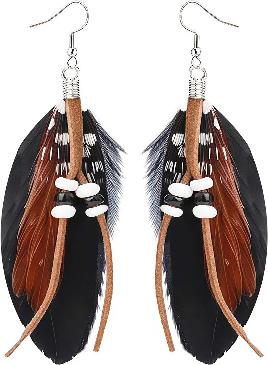 Oorbellen met veren - Dangle oorbellen Boho accessoires - Feestelijke outfit - Lange veren met parels - 10 cm - Multicolor