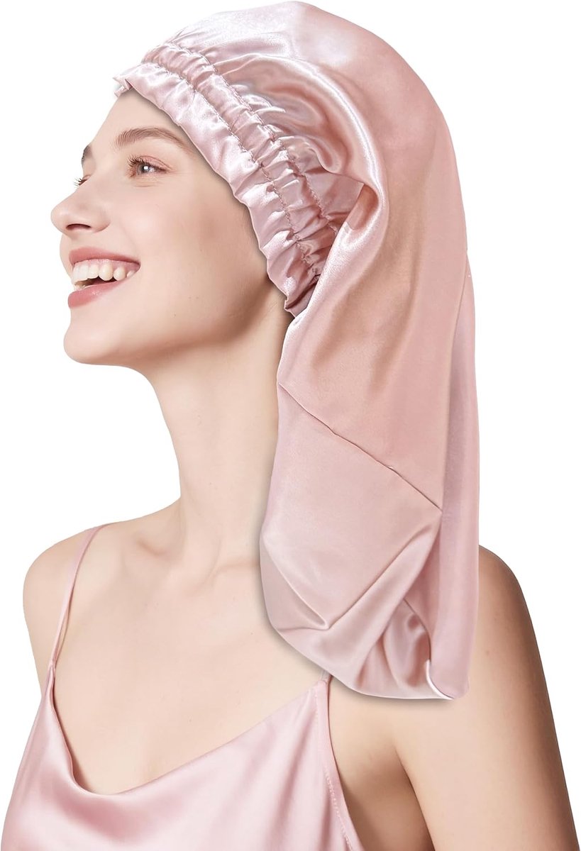 SnelShoppen - Zijde Hoed voor Slaap, 100% Moerbeizijde, 22 Momme, Luxe en Ademend, Perfect voor Lang en Krullend Haar, Dustypink, Comfortabel en Drukv
