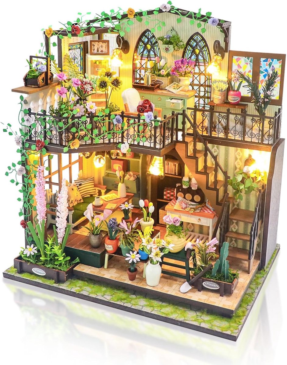 Miniatuur poppenhuis kit, houten poppenhuis met LED, klein huis kit voor volwassenen, unieke cadeaus voor verjaardagen, kerstmis (bloemhuis)
