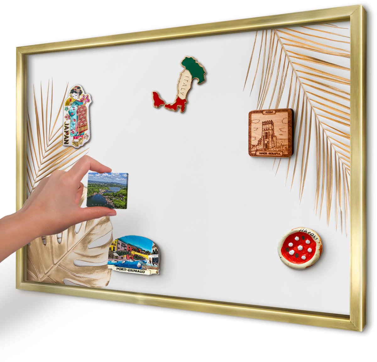 Artprintcave Wit Magneetbord mit Gouden Frame - 60x40 cm - Elegante Bladeren Magnetisch Bord Voor Magneten - Minimalist Bord Voor Magneten - Bloemen En Planten
