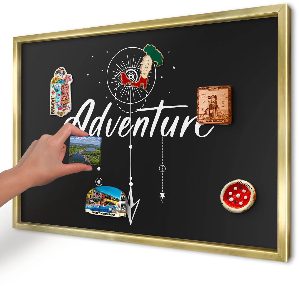 Artprintcave Zwart Magneetbord mit Gouden Frame - 60x40 cm - Avontuur Wacht. Wandbord Magnetisch - Typografisch Notitiebord - Teksten