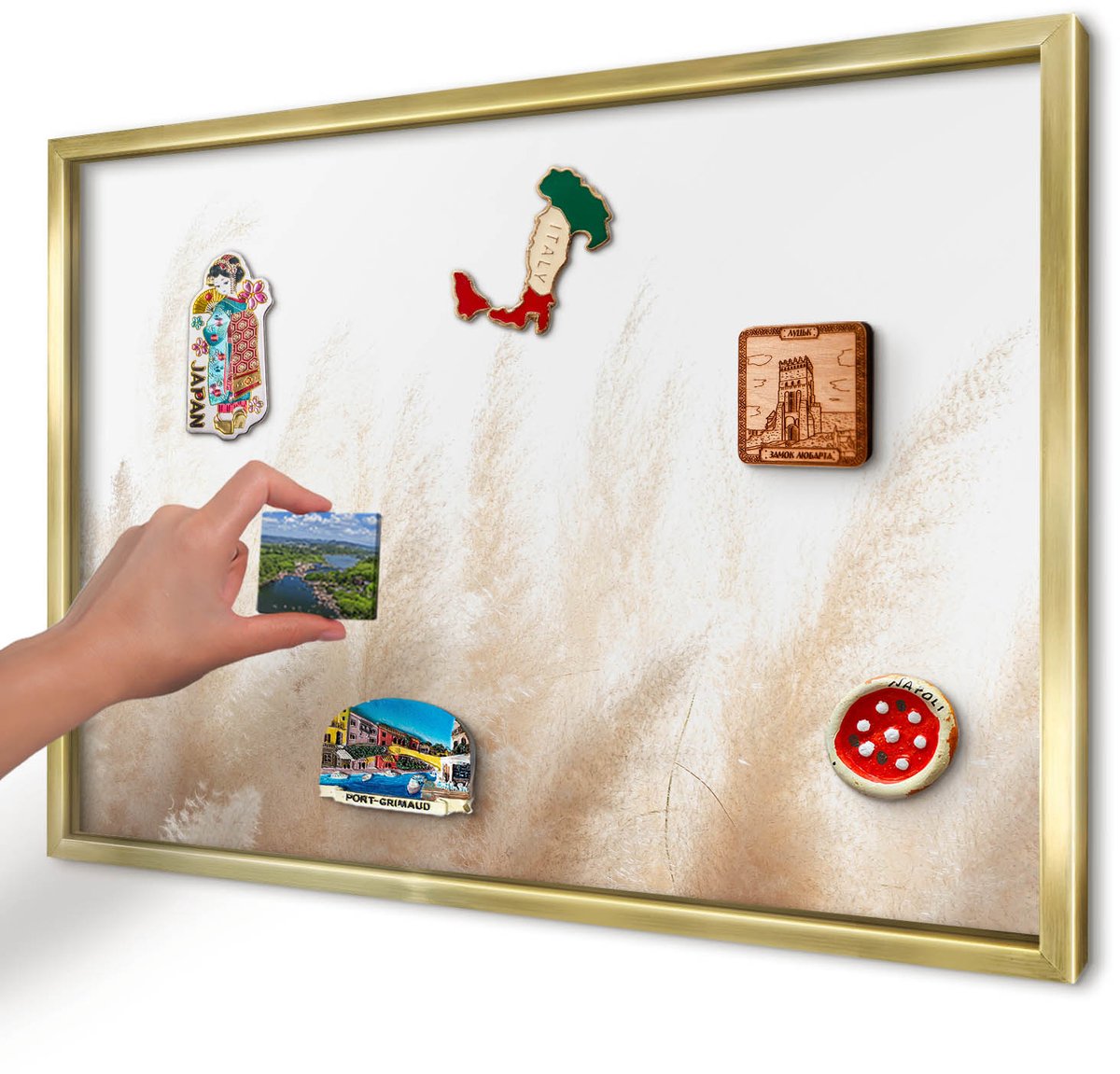 Artprintcave Beige Magneetbord mit Gouden Frame - 60x40 cm - Essentiële Grassen Magnetisch Bord Voor Magneten - Minimalist Magnetisch Bord - Bloemen En Planten