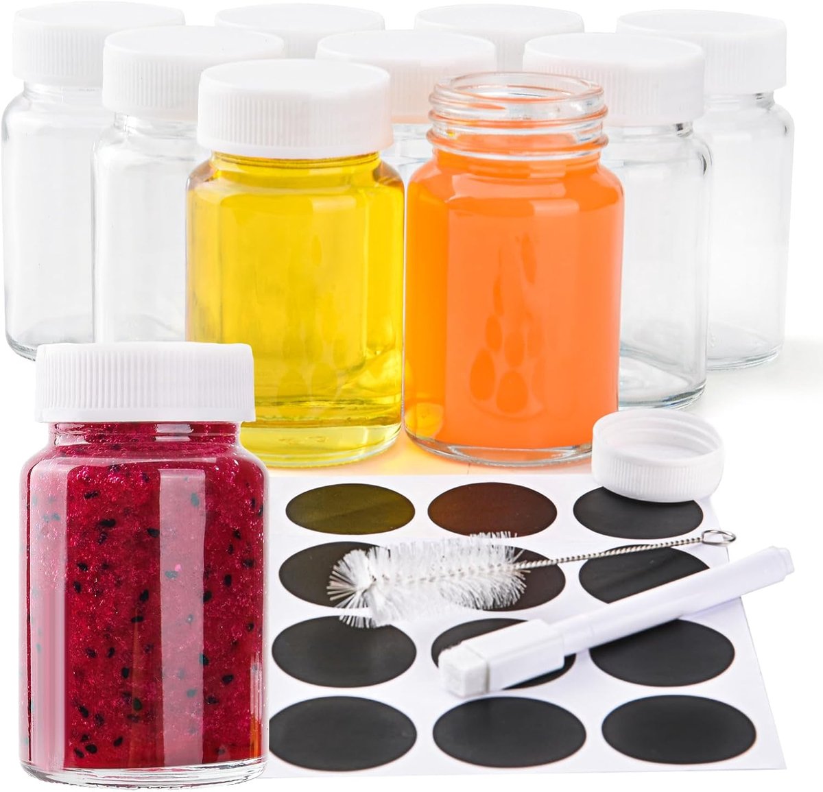 9 stuks 2 oz glazen gember shot flessen met deksels, kleine doorzichtige glazen flessen mini glazen potten brede mond shotglazen containers met etiket en borstel voor sap, gember, wellness shot