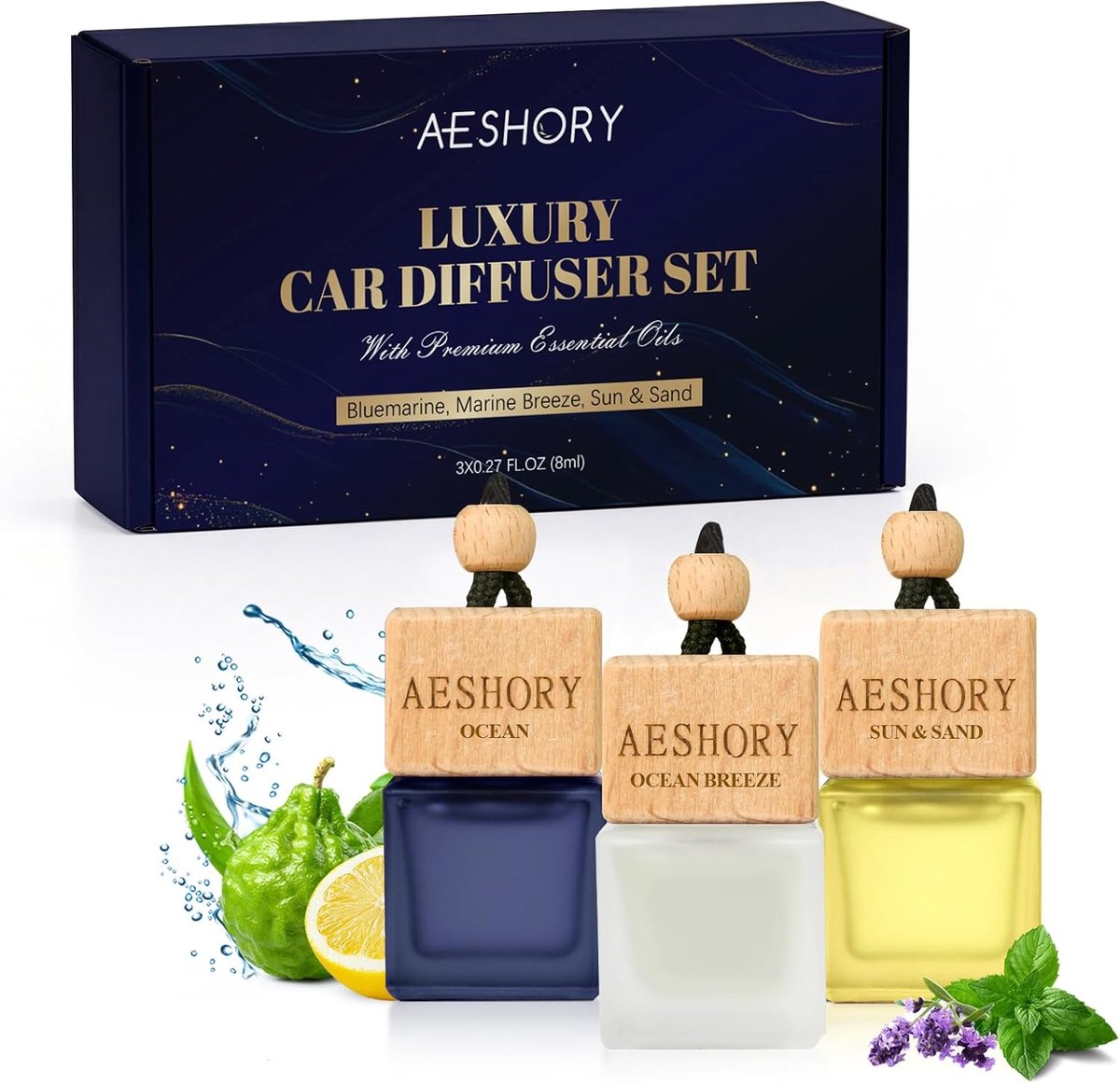 SnelShoppen - Car Air Freshener Set - 3 x 8ML - Geur van Oceaan, Zee Bries en Zand - Natuurlijke Essentiële Oliën - Auto, Thuis, Verfrissing, Geurverd