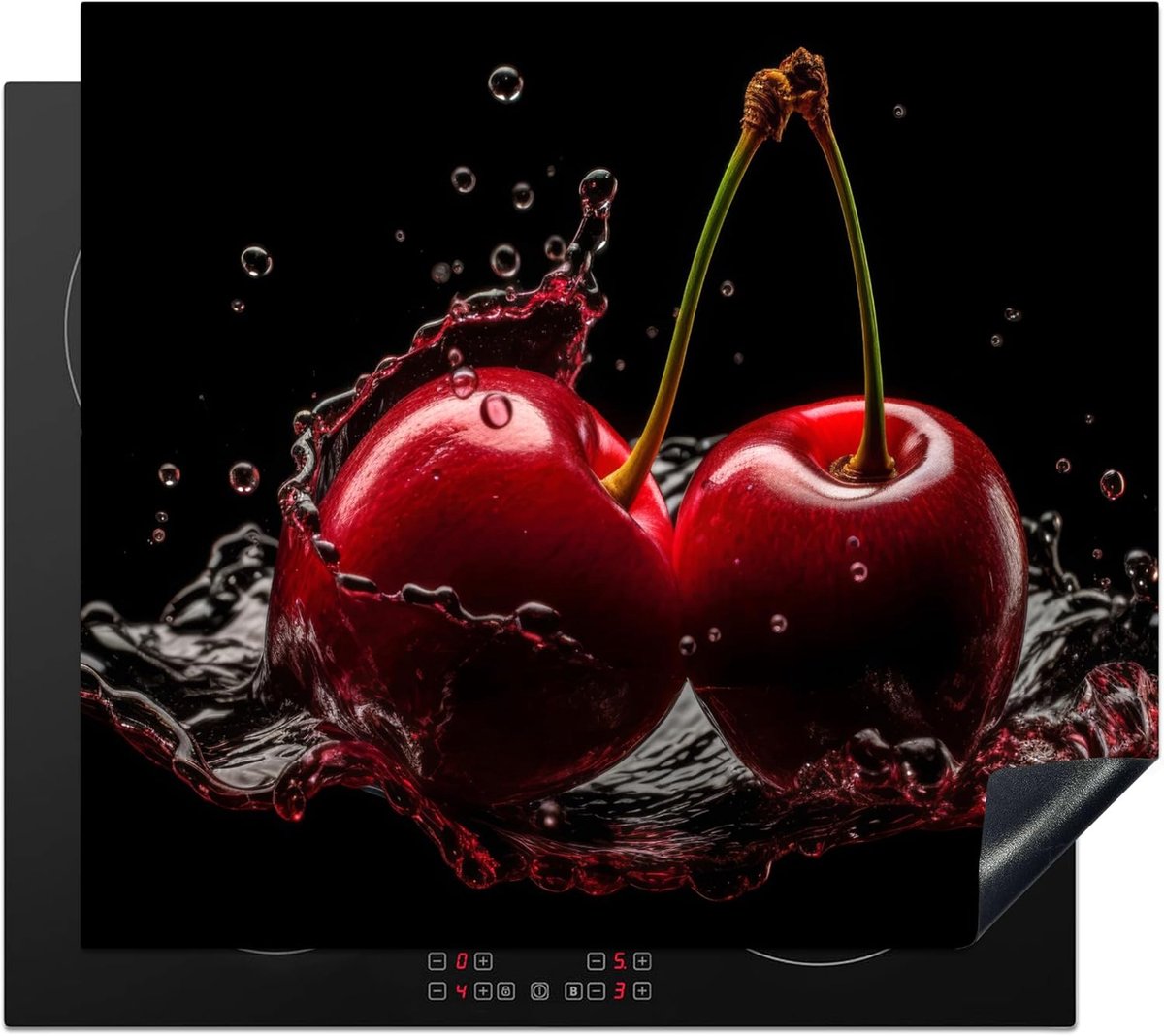 SnelShoppen - Inductiebeschermer 59x52cm Keuken Decoratie Kookplaat Bescherming Antislip Mat - Kers - Rood - Fruit - Water - Zwart