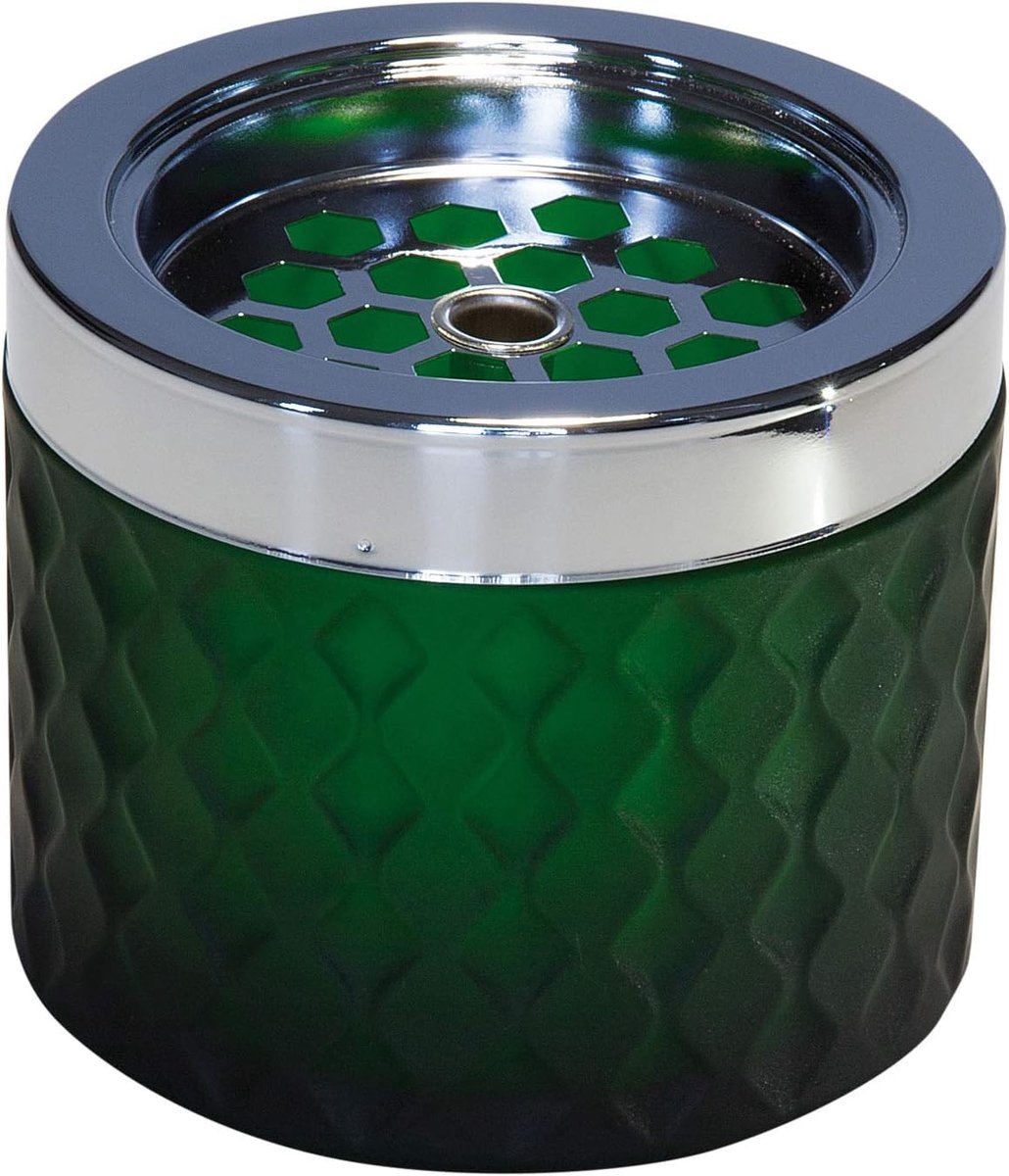 Windasbak, asbak, asbak van verchroomd metaal, mat glas, met bajonetsluiting, Ø 9,5 cm, hoogte 8 cm, donkergroen