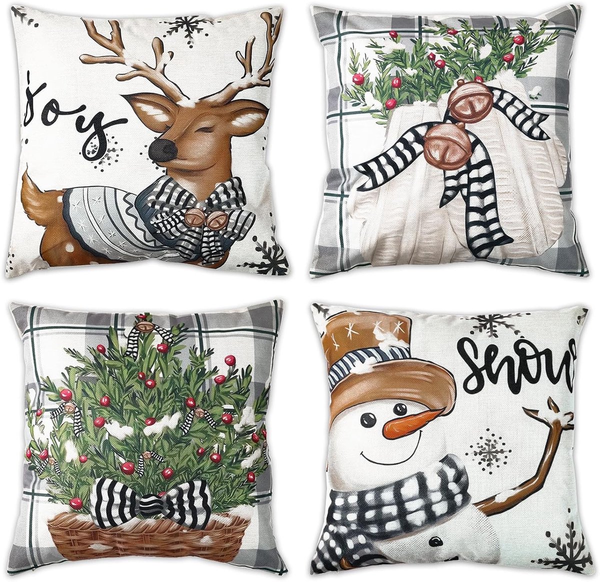 Kerst Kussenhoezen 40x40 - Set van 4 Grijze Witte Linnen Kussens met Sneeuwvlokken en Herten, Perfect voor Woonkamer en Slaapkamer Decoratie tijdens de Feestdagen